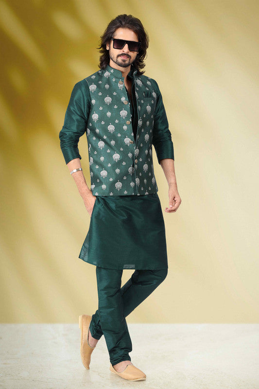 Men's Art Banarasi Silk Printed Work 3 Pics Jacket Set In Green Colour
