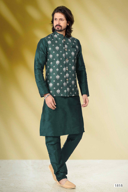 Men's Art Banarasi Silk Printed Work 3 Pics Jacket Set In Green Colour