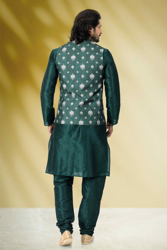 Men's Art Banarasi Silk Printed Work 3 Pics Jacket Set In Green Colour