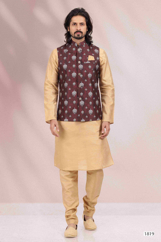Men's Art Banarasi Silk Printed Work 3 Pics Jacket Set In Wine Colour