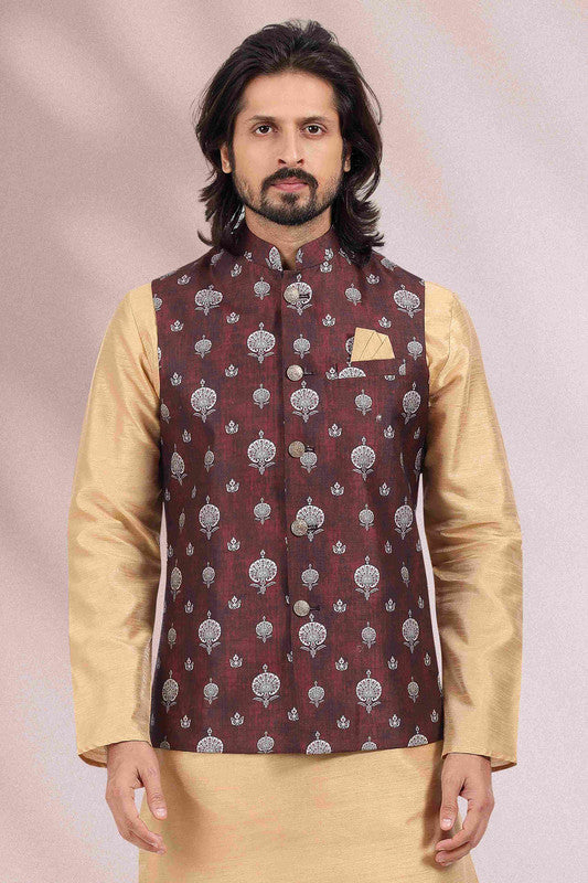 Men's Art Banarasi Silk Printed Work 3 Pics Jacket Set In Wine Colour