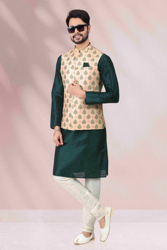 Men's Art Banarasi Silk Printed Work 3 Pics Jacket Set In Peach Colour