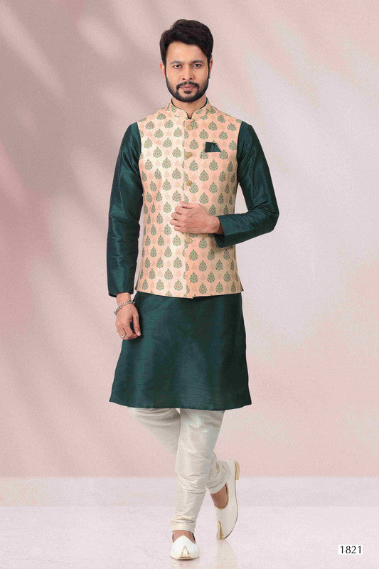 Men's Art Banarasi Silk Printed Work 3 Pics Jacket Set In Peach Colour