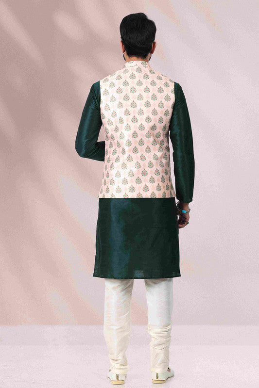 Men's Art Banarasi Silk Printed Work 3 Pics Jacket Set In Peach Colour