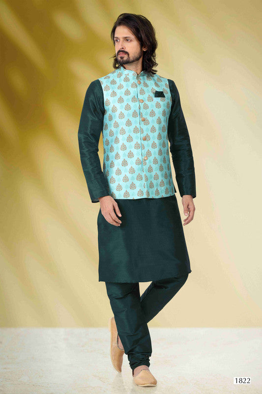 Men's Art Banarasi Silk Printed Work 3 Pics Jacket Set In Sea Green Colour