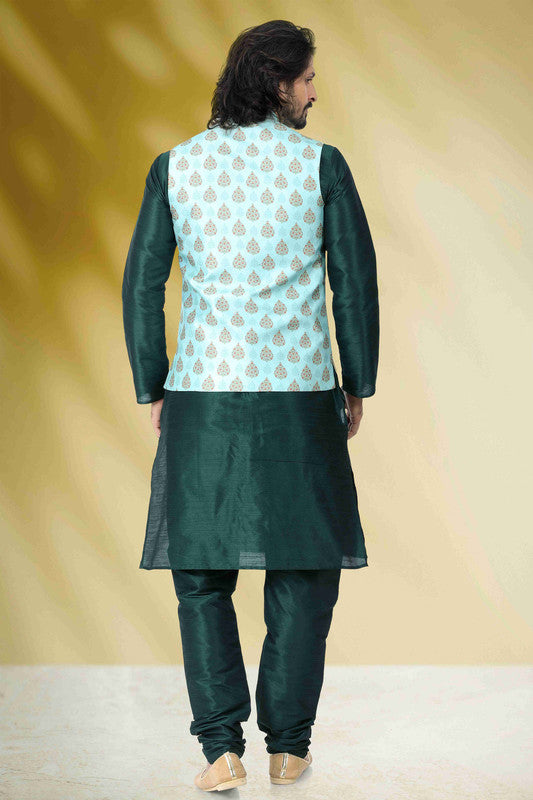 Men's Art Banarasi Silk Printed Work 3 Pics Jacket Set In Sea Green Colour