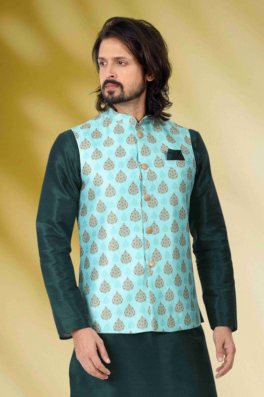 Men's Art Banarasi Silk Printed Work 3 Pics Jacket Set In Sea Green Colour