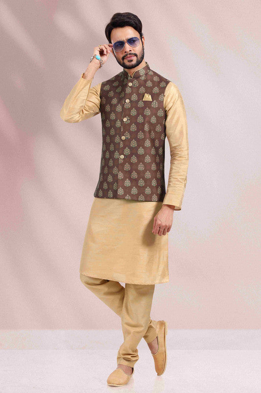 Men's Art Banarasi Silk Printed Work 3 Pics Jacket Set In Brown Colour