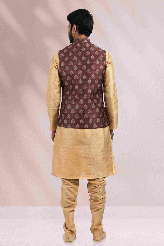 Men's Art Banarasi Silk Printed Work 3 Pics Jacket Set In Brown Colour