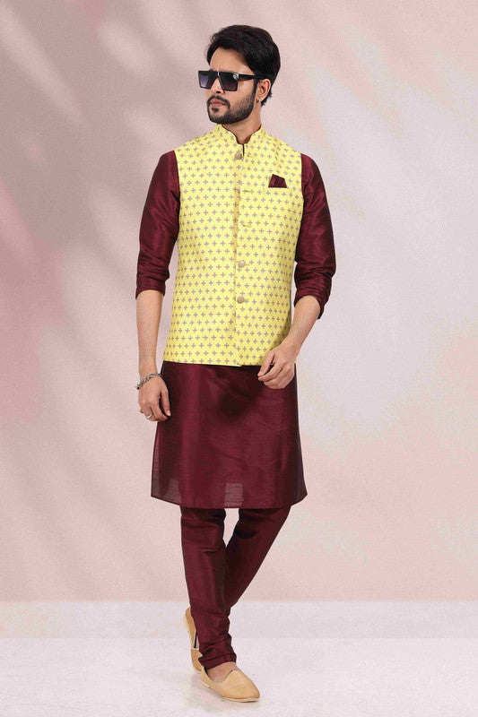 Men's Art Banarasi Silk Printed Work 3 Pics Jacket Set In Yellow Colour