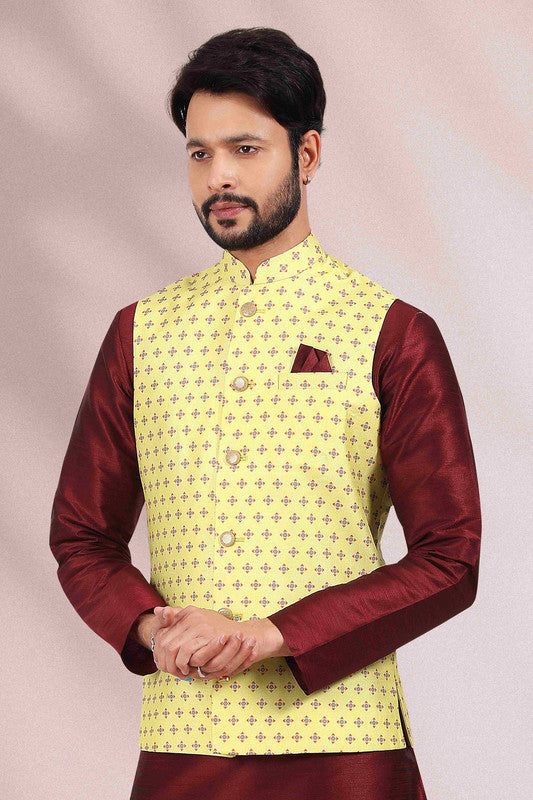 Men's Art Banarasi Silk Printed Work 3 Pics Jacket Set In Yellow Colour