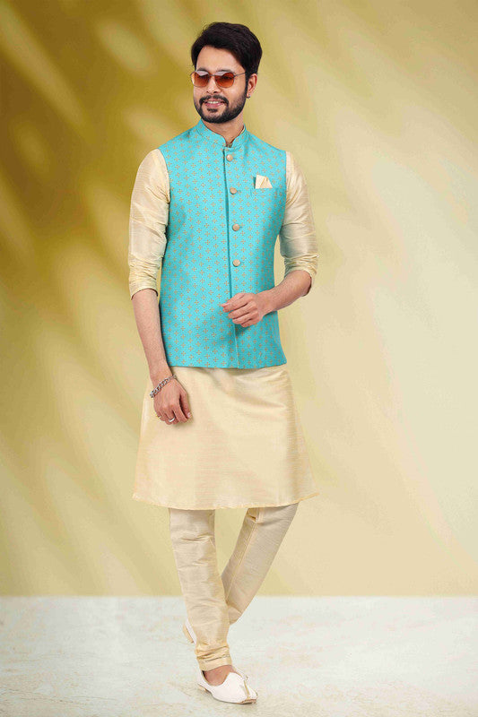 Men's Art Banarasi Silk Printed Work 3 Pics Jacket Set In Sky Blue Colour