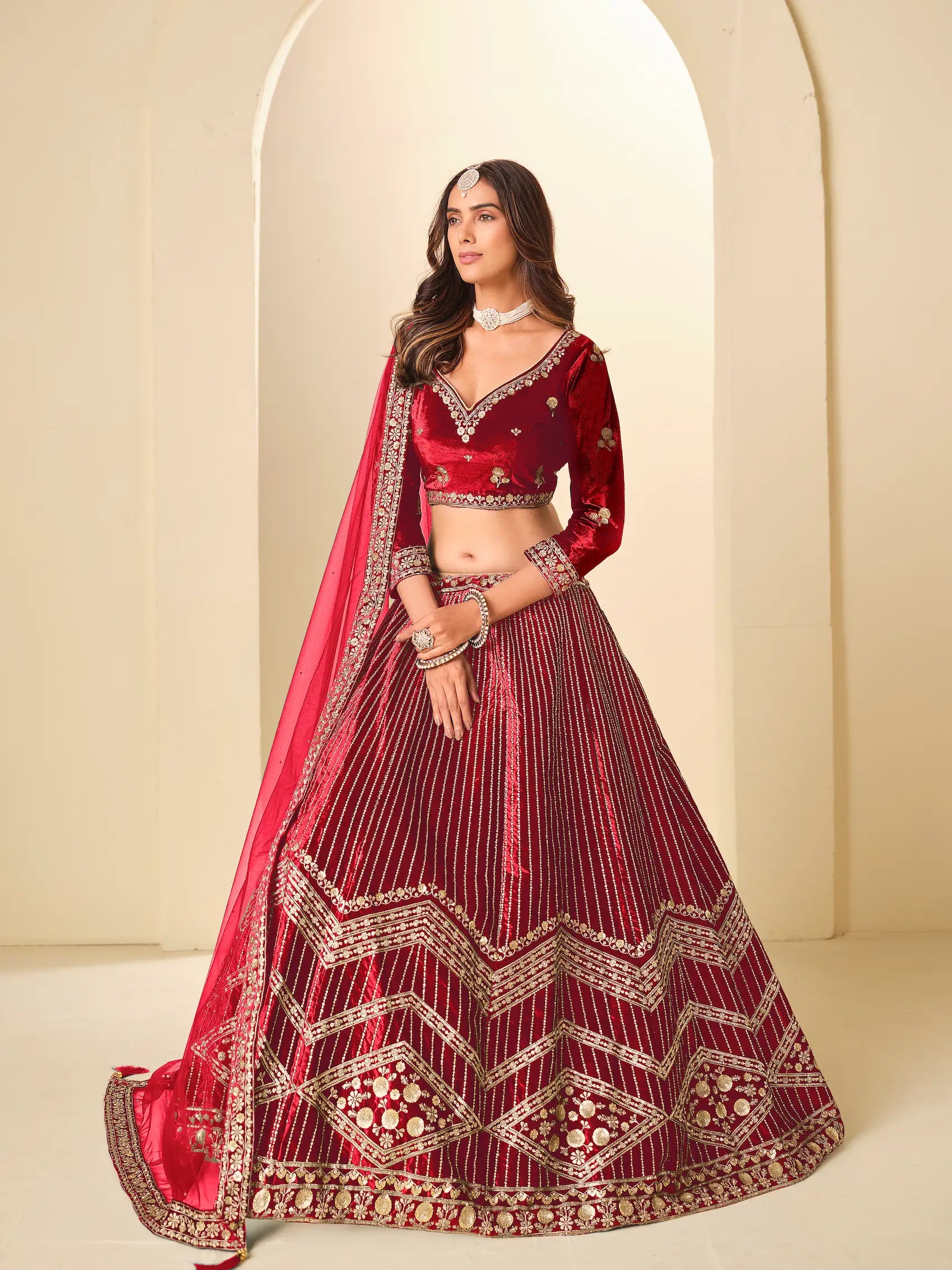 Chili Red Velvet Lehenga Choli With Embroidery