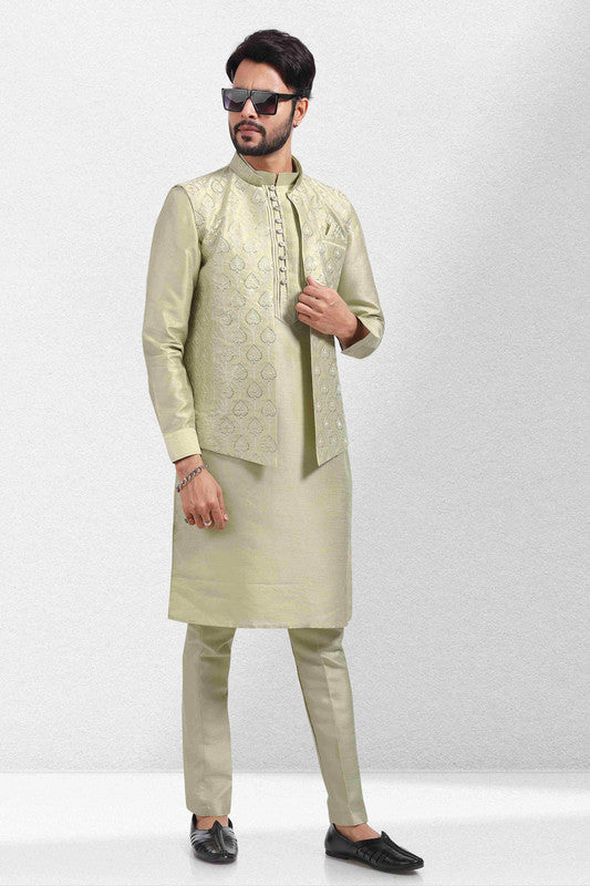 Men's Art Banarasi Silk Thread Work 3 Pics Jacket Set In Pista Green Colour