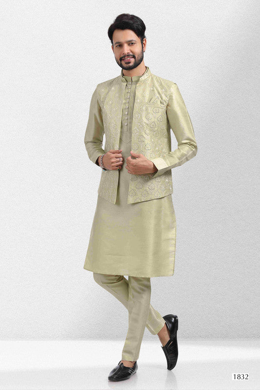 Men's Art Banarasi Silk Thread Work 3 Pics Jacket Set In Pista Green Colour