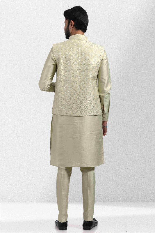 Men's Art Banarasi Silk Thread Work 3 Pics Jacket Set In Pista Green Colour