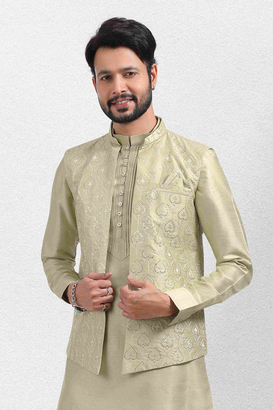 Men's Art Banarasi Silk Thread Work 3 Pics Jacket Set In Pista Green Colour