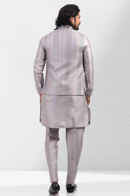 Men's Art Banarasi Silk Thread Work 3 Pics Jacket Set In Light Purple Colour