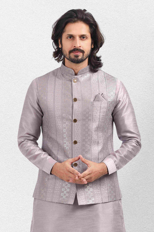Men's Art Banarasi Silk Thread Work 3 Pics Jacket Set In Light Purple Colour