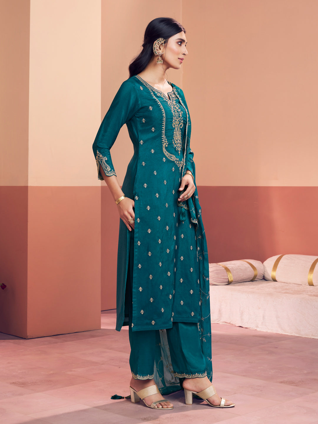 Teal Embroidery With Mina Straight Kurta And Dyed Trousers With Mina Embroidery Dupatta