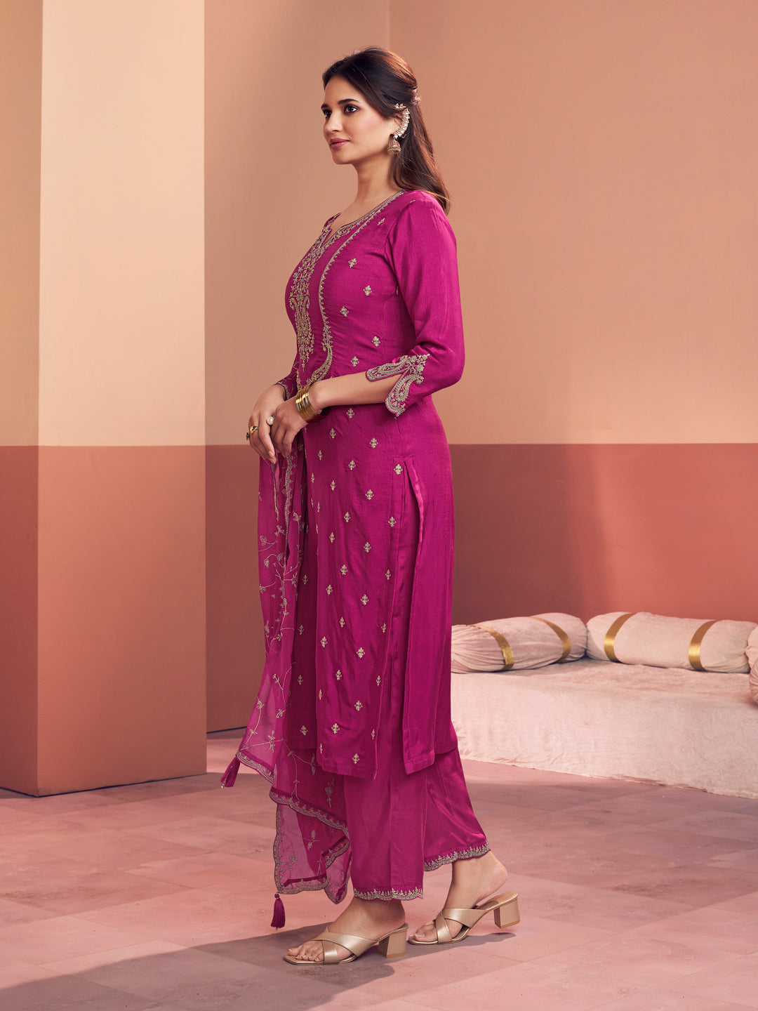 Magenta Embroidery Straight Kurta With Dyed Trousers And Embroidery Jaal Dupatta