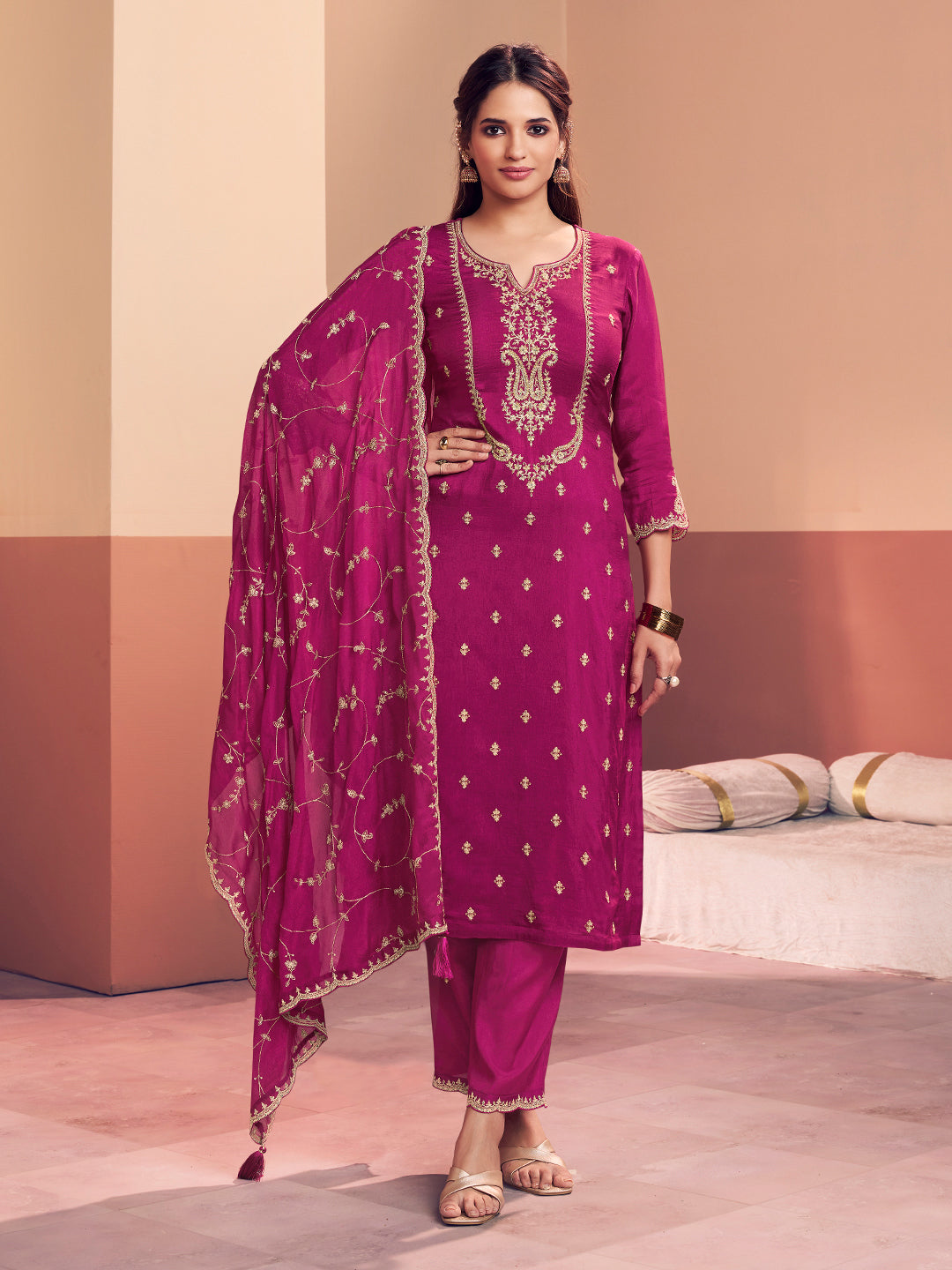 Magenta Embroidery Straight Kurta With Dyed Trousers And Embroidery Jaal Dupatta