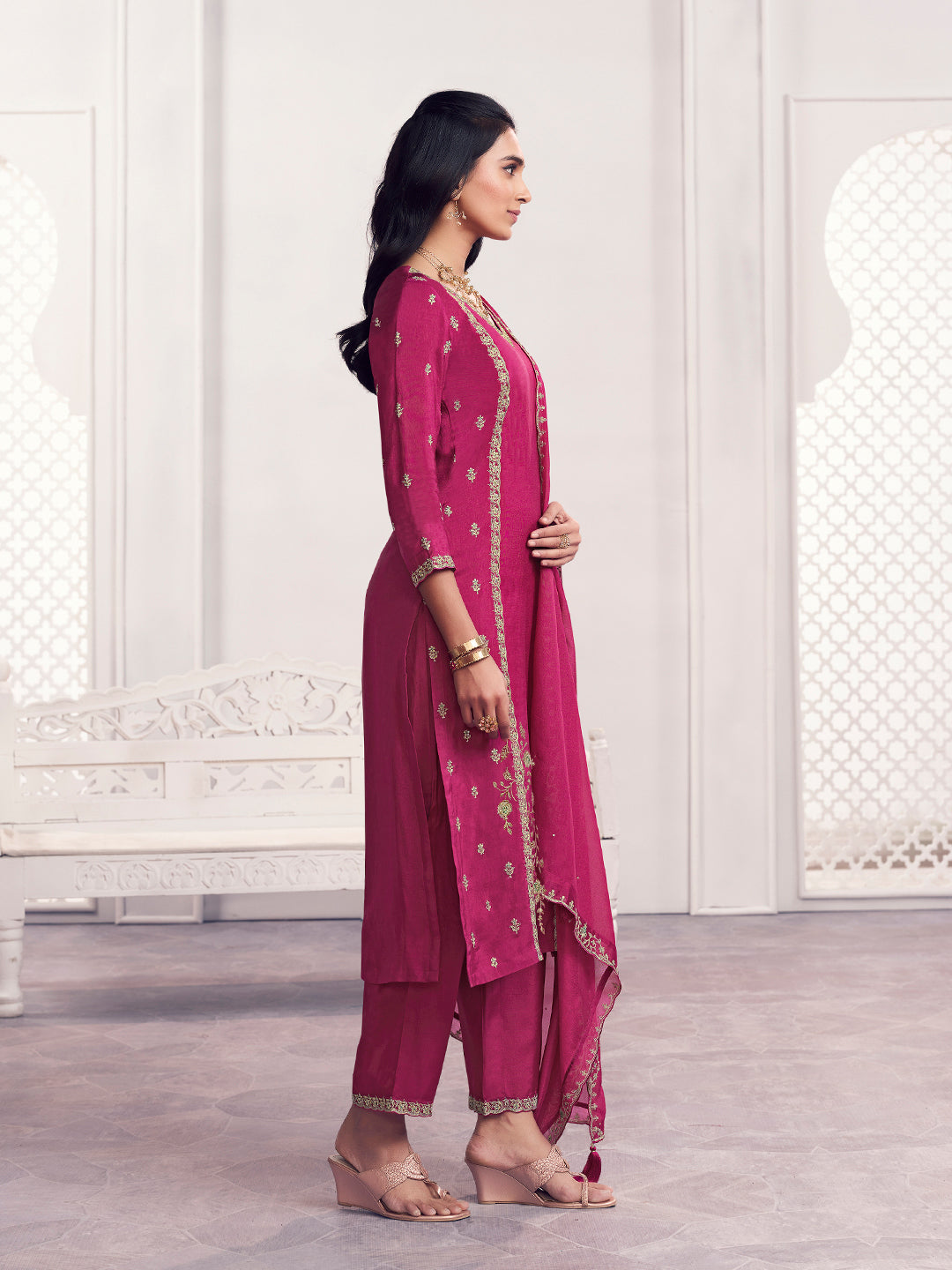 Magenta Panel Embroidery Straight Kurta With Dyed Trousers And Embroidery Boarder Dupatta