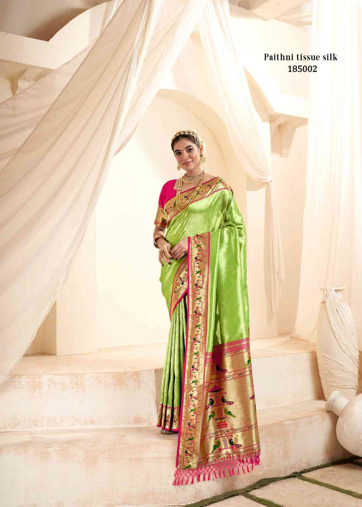 Lime Green Jacquard Wedding Wear Paithani Silk Saree