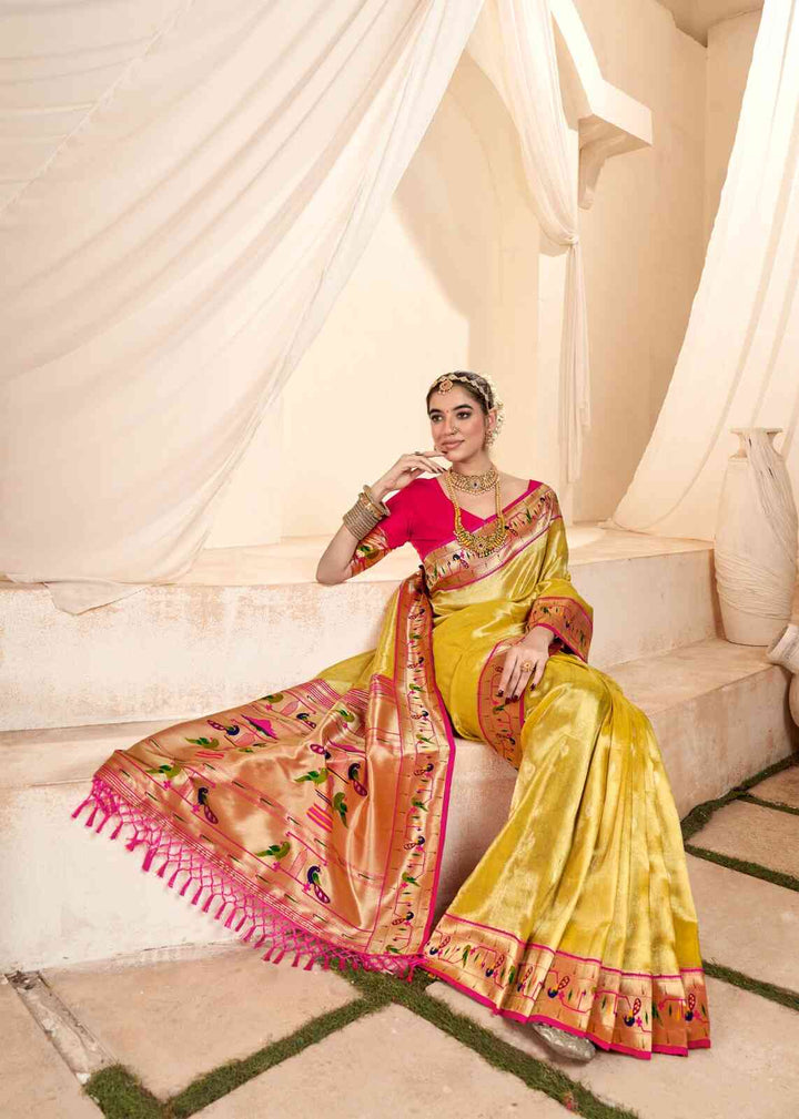 Yellow Jacquard Wedding Wear Paithani Silk Saree