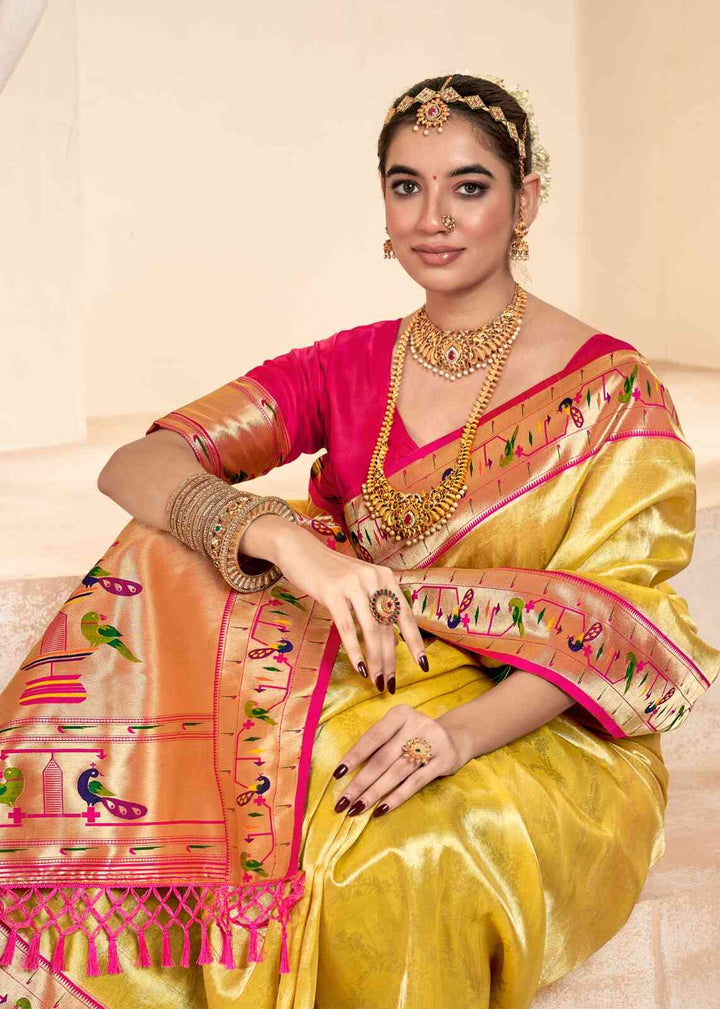 Yellow Jacquard Wedding Wear Paithani Silk Saree