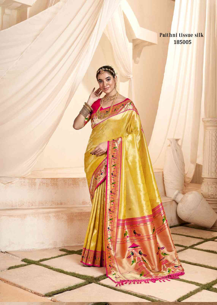 Yellow Jacquard Wedding Wear Paithani Silk Saree