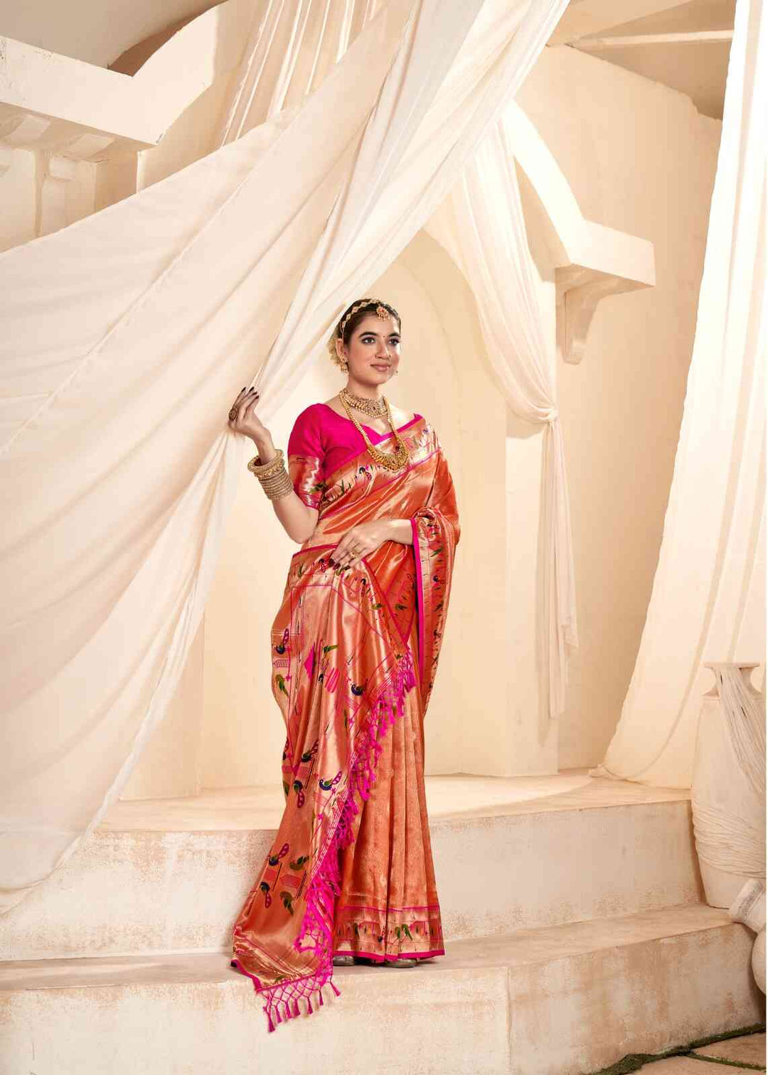 Orange Jacquard Wedding Wear Paithani Silk Saree