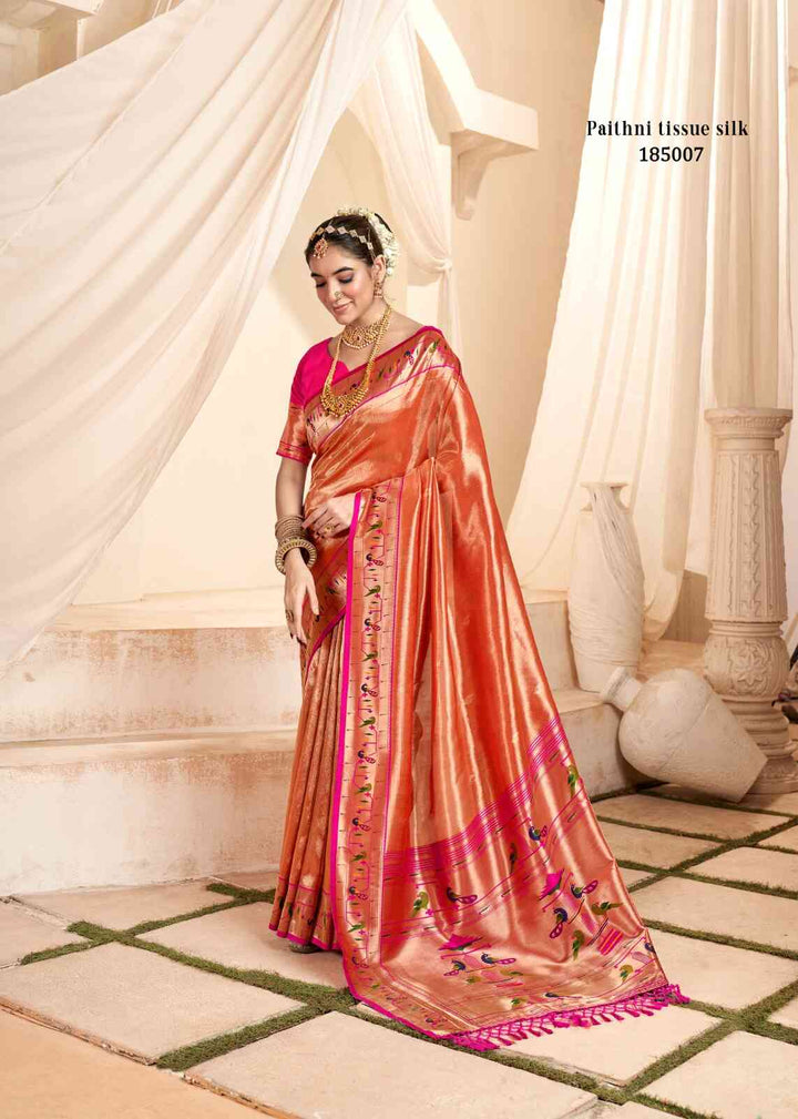 Orange Jacquard Wedding Wear Paithani Silk Saree