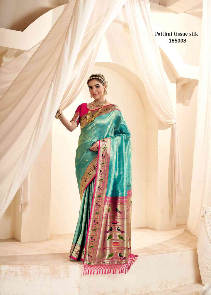 Sea Green Jacquard Wedding Wear Paithani Silk Saree