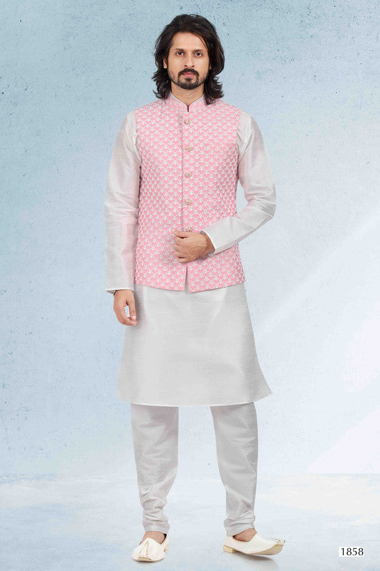 Men's Art Banarasi Silk Thread Work 3 Pics Jacket Set In Pink Colour