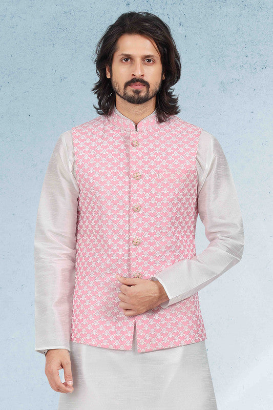 Men's Art Banarasi Silk Thread Work 3 Pics Jacket Set In Pink Colour