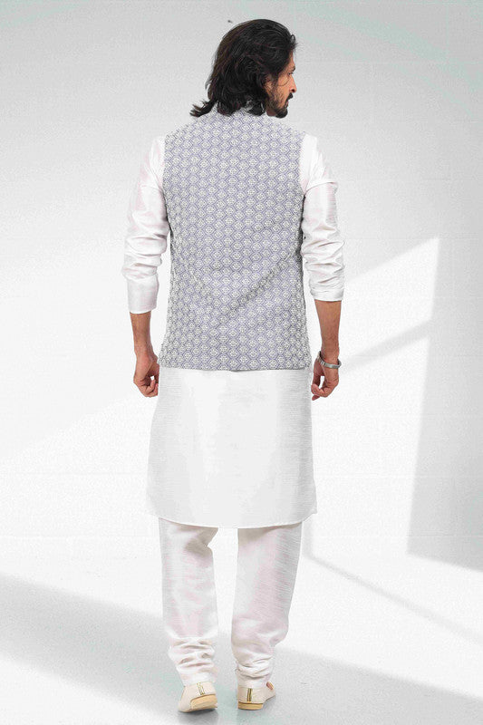 Men's Art Banarasi Silk Thread Work 3 Pics Jacket Set In Purple Light Colour