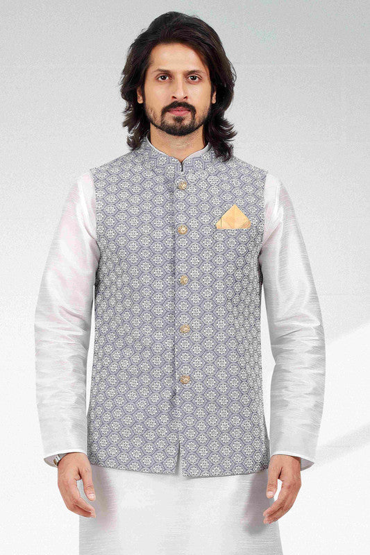 Men's Art Banarasi Silk Thread Work 3 Pics Jacket Set In Purple Light Colour