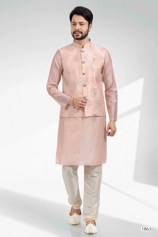 Men's Art Banarasi Silk Thread Work 3 Pics Jacket Set In Light Peach Colour
