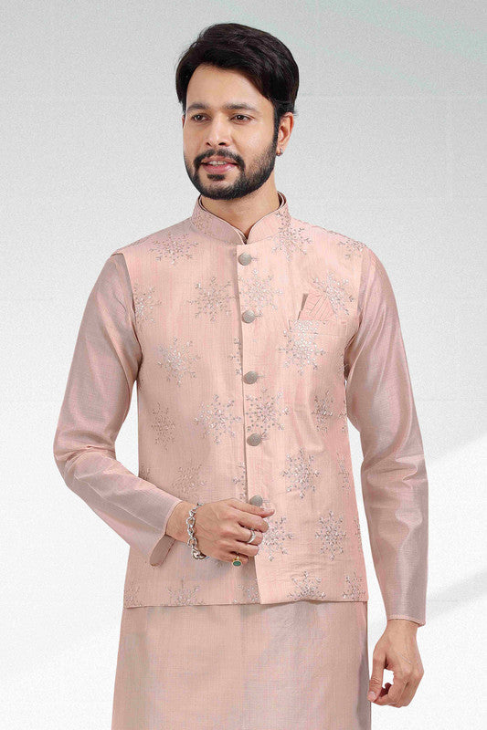Men's Art Banarasi Silk Thread Work 3 Pics Jacket Set In Light Peach Colour