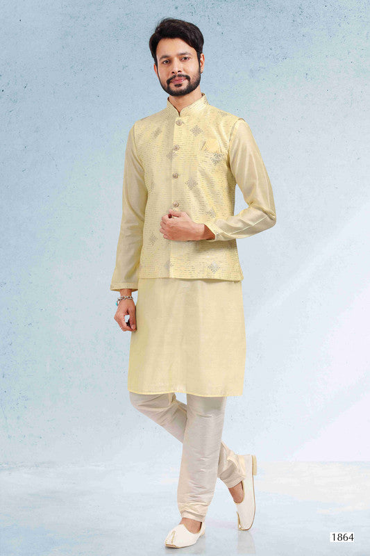 Men's Art Banarasi Silk Thread Work 3 Pics Jacket Set In Yellow Colour
