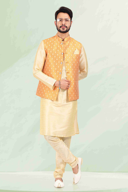 Men's Jacquard Banarasi Silk Woven Work 3 Pics Jacket Set In Mustard Colour