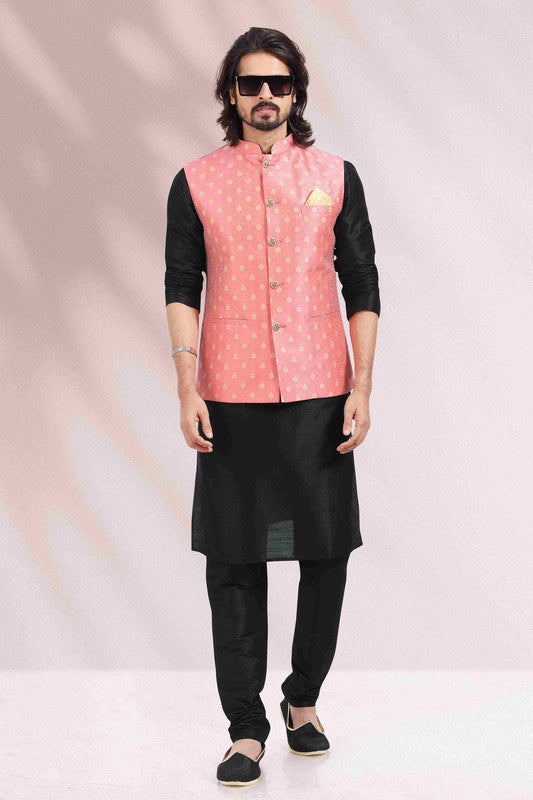 Men's Jacquard Banarasi Silk Woven Work 3 Pics Jacket Set In Pink Colour