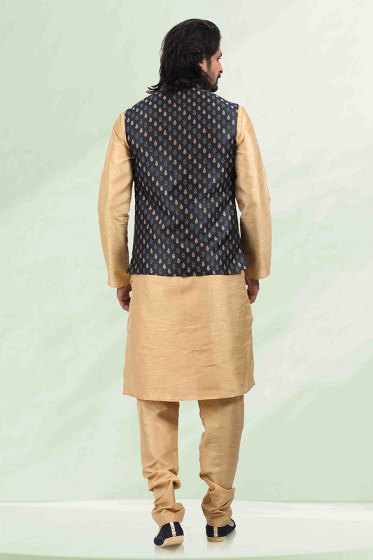 Men's Jacquard Banarasi Silk Woven Work 3 Pics Jacket Set In Blue Colour