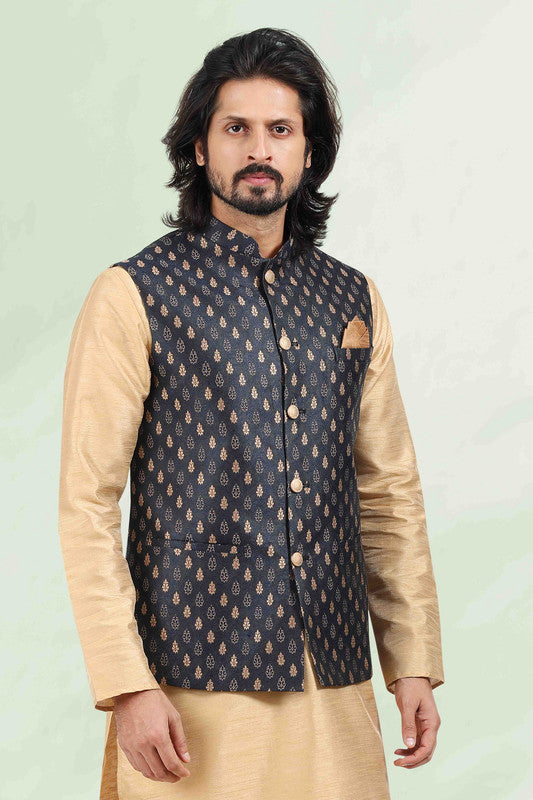 Men's Jacquard Banarasi Silk Woven Work 3 Pics Jacket Set In Blue Colour