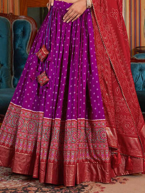 Bandhani And Ajarakh Print With Foil Work Lehenga Choli in Purple Color