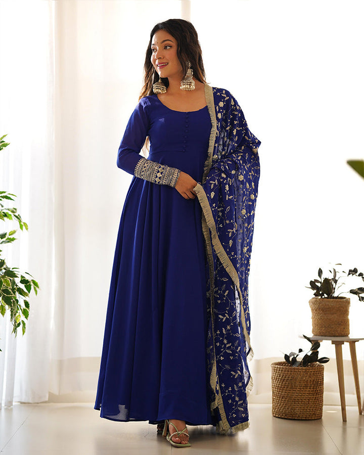 Royal blue soft georgette anarkali suit with heavy embroidery work dupatta, designed by Qivii, perfect for special occasions and events