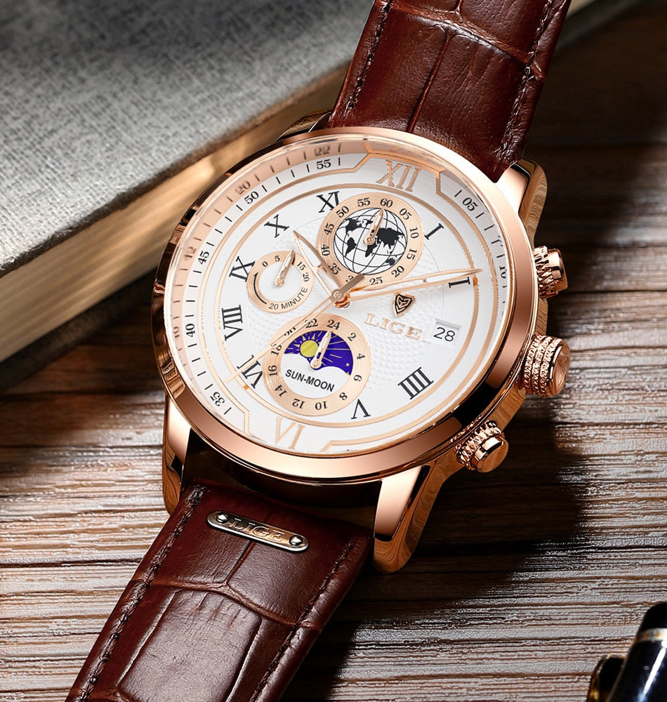 Luxe Chronograaf Horloge met Echt Leren Band  - By Qivii
