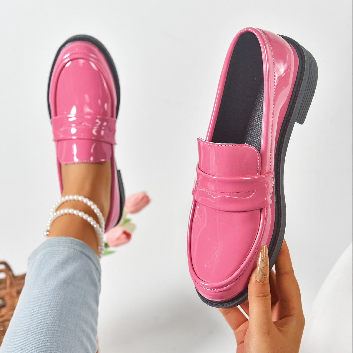 Women's Plus Size Gloss Chunky Heel Loafers Lacquer-Finish Slip-Ons