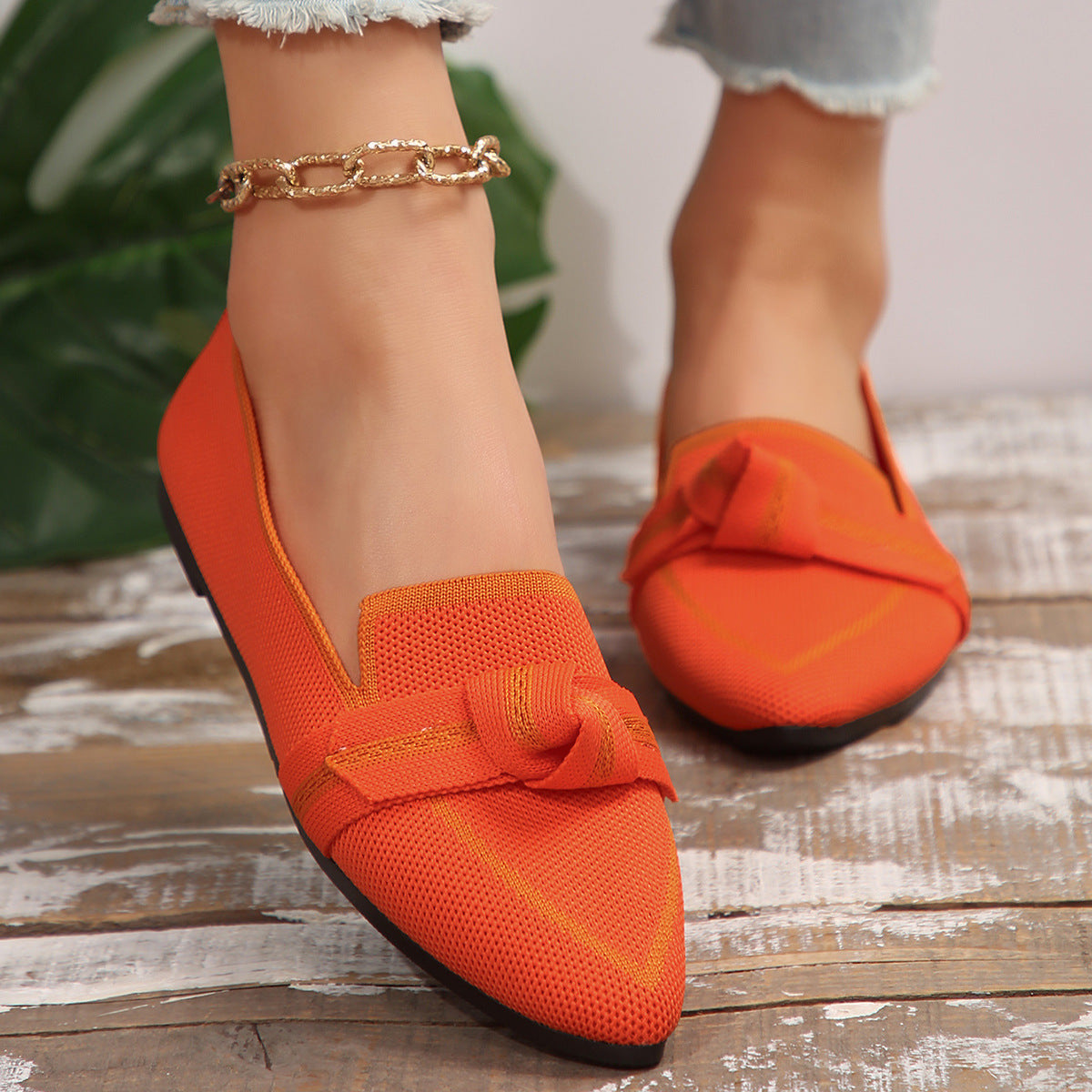Women's Plus Size Knit Flat Loafers - Slip-On Bowknot Shallow Cut Lazy Work Shoes